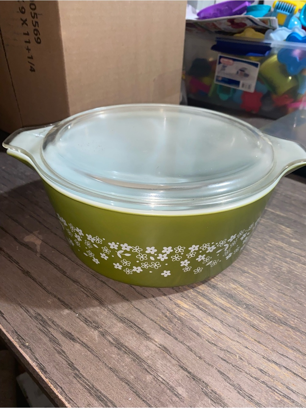 Pyrex Olive Green Floral Casserole with Clear Lid